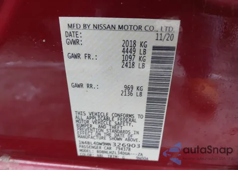 2021 Nissan Altima Sv Intelligent Awd from USA, damaged, VIN 1N4BL4DW9MN326903